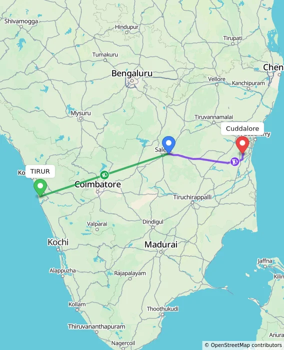 Route map showing distance and travel time from TIRUR, India to Cuddalore, India