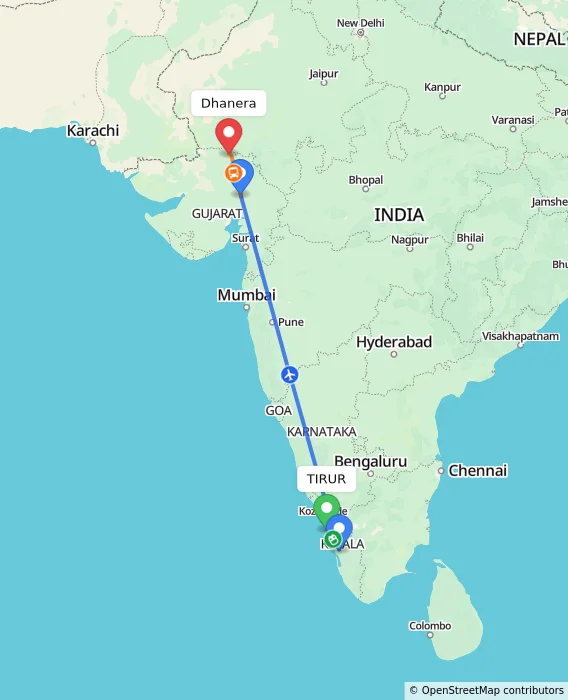 Route map showing distance and travel time from TIRUR, India to Dhanera, India