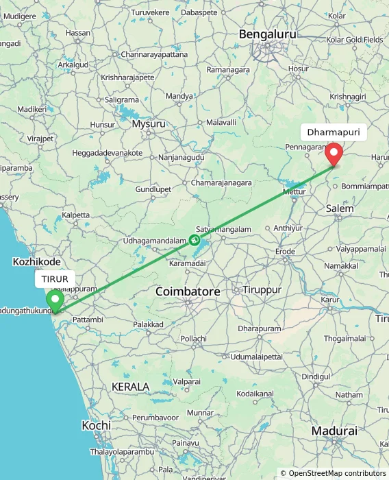 Route map showing distance and travel time from TIRUR, India to Dharmapuri, India
