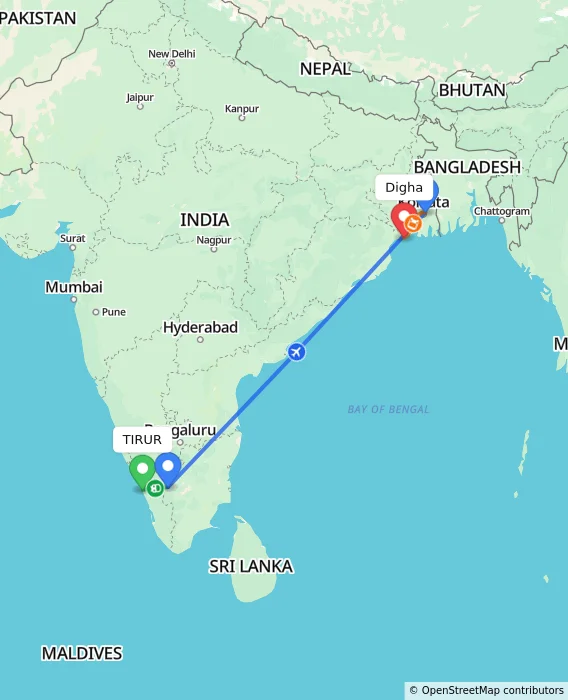 Route map showing distance and travel time from TIRUR, India to Digha, India