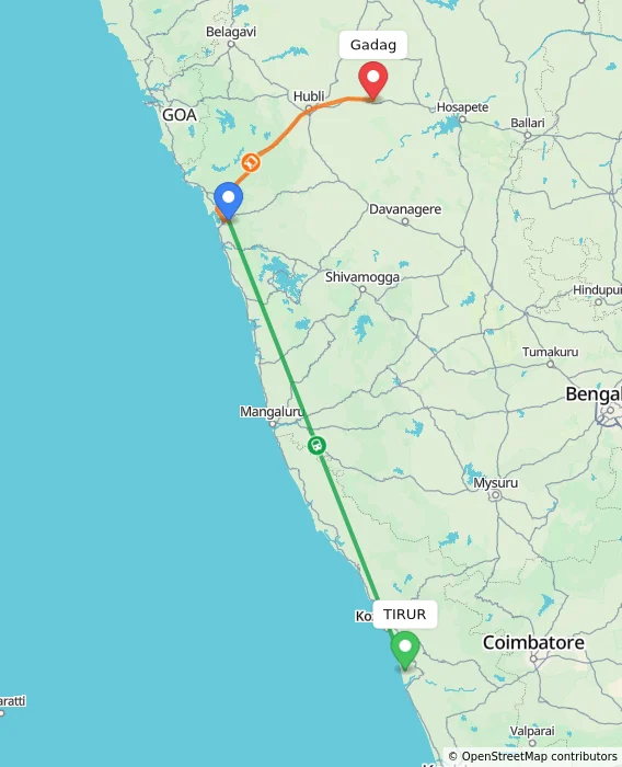 Route map showing distance and travel time from TIRUR, India to Gadag, India