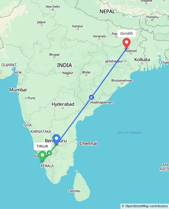 Route map showing distance and travel time from TIRUR, India to Giridih, India
