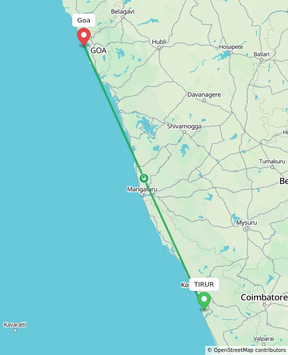 Route map showing distance and travel time from TIRUR, India to Goa, India