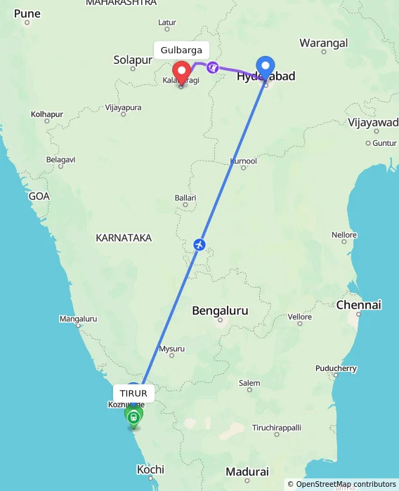Route map showing distance and travel time from TIRUR, India to Gulbarga, India