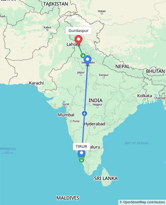Route map showing distance and travel time from TIRUR, India to Gurdaspur, India