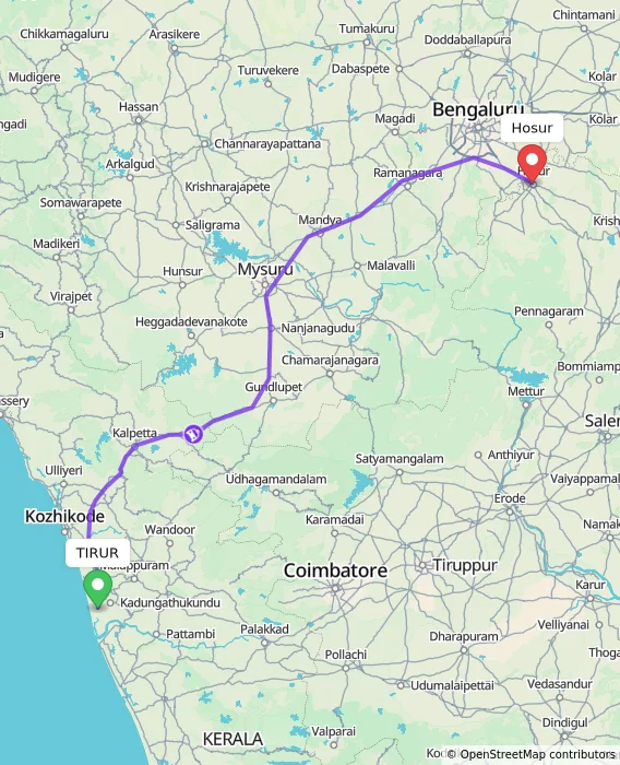 Route map showing distance and travel time from TIRUR, India to Hosur, India