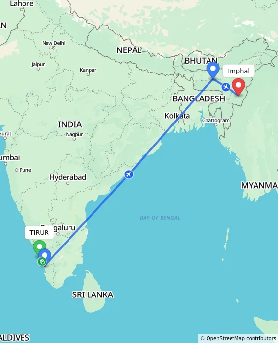 Route map showing distance and travel time from TIRUR, India to Imphal, India