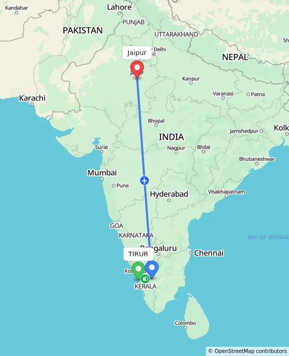 Route map showing distance and travel time from TIRUR, India to Jaipur, India