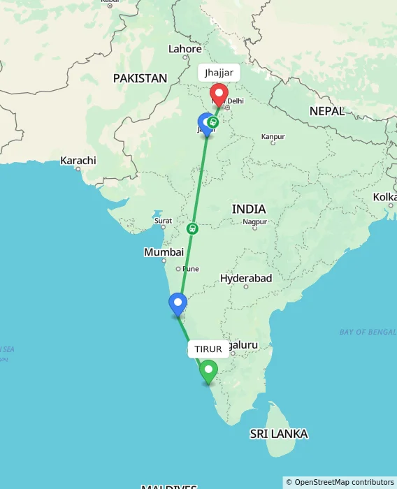 Route map showing distance and travel time from TIRUR, India to Jhajjar, India