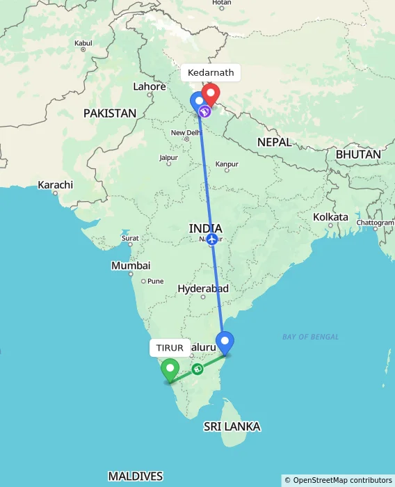 Route map showing distance and travel time from TIRUR, India to Kedarnath, India