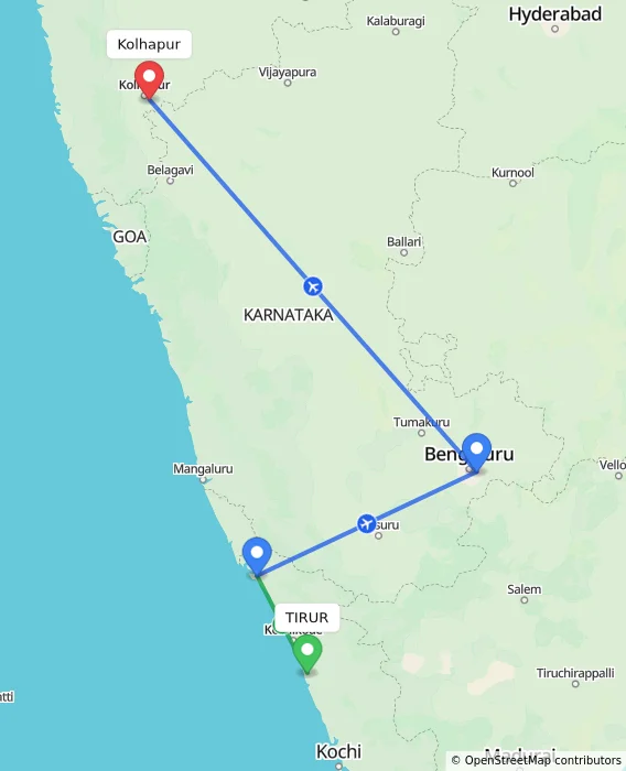 Route map showing distance and travel time from TIRUR, India to Kolhapur, India
