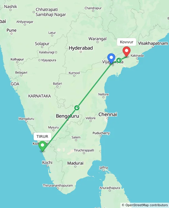 Route map showing distance and travel time from TIRUR, India to Kovvur, India