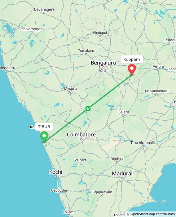 Route map showing distance and travel time from TIRUR, India to Kuppam, India