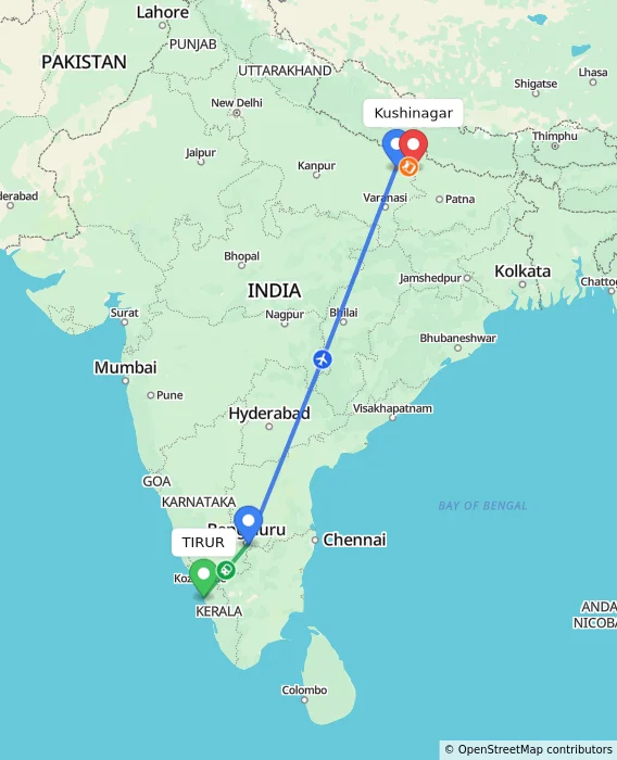 Route map showing distance and travel time from TIRUR, India to Kushinagar, India
