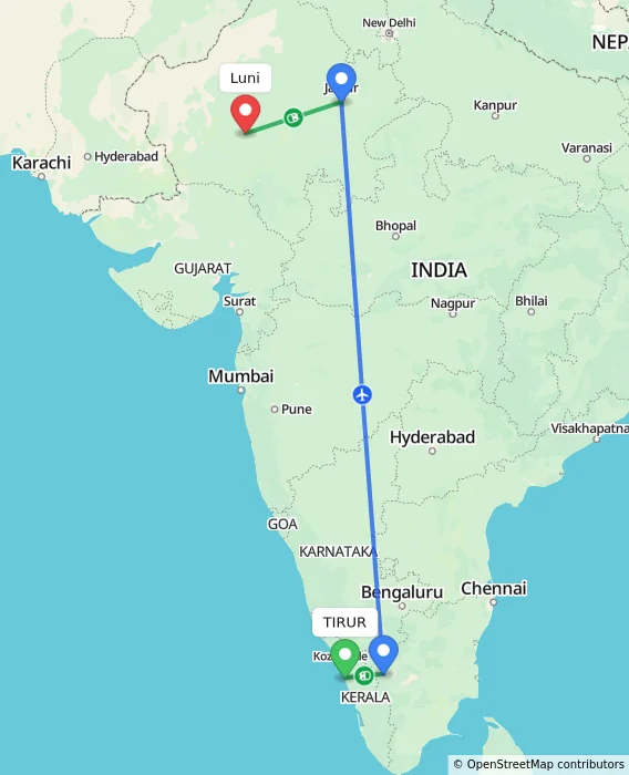Route map showing distance and travel time from TIRUR, India to Luni, India
