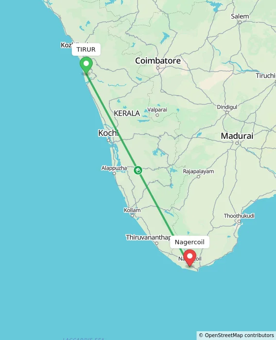 Route map showing distance and travel time from TIRUR, India to Nagercoil, India
