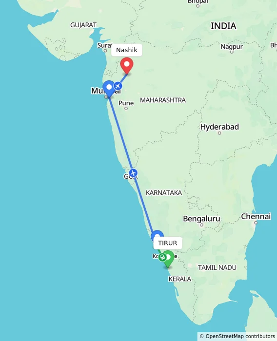Route map showing distance and travel time from TIRUR, India to Nashik, India
