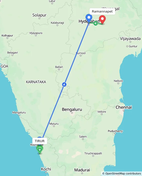 Route map showing distance and travel time from TIRUR, India to Ramannapet, India