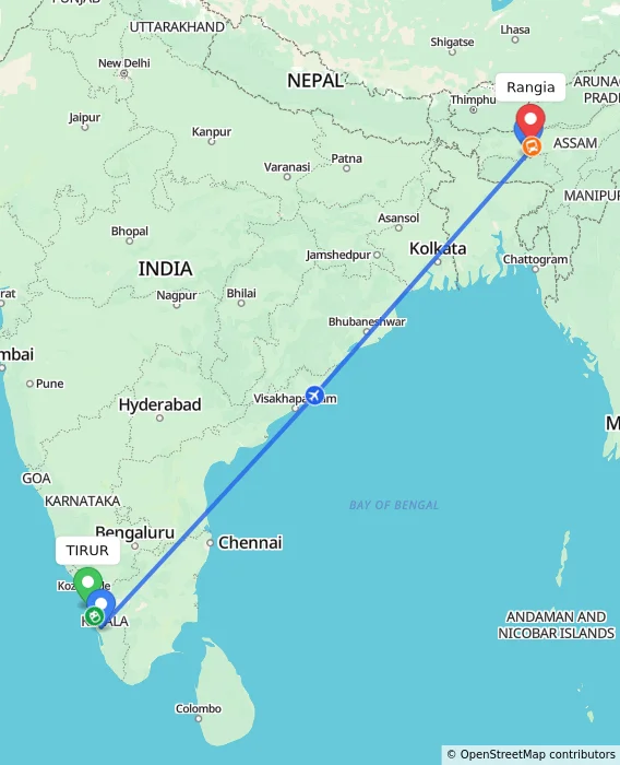 Route map showing distance and travel time from TIRUR, India to Rangia, India