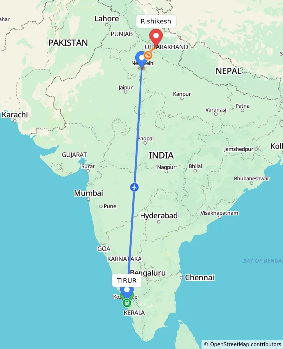 Route map showing distance and travel time from TIRUR, India to Rishikesh, India