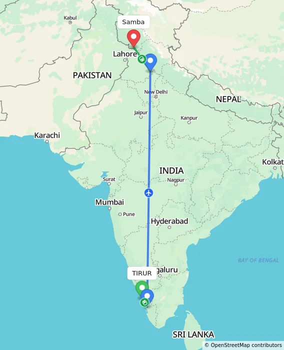 Route map showing distance and travel time from TIRUR, India to Samba, India