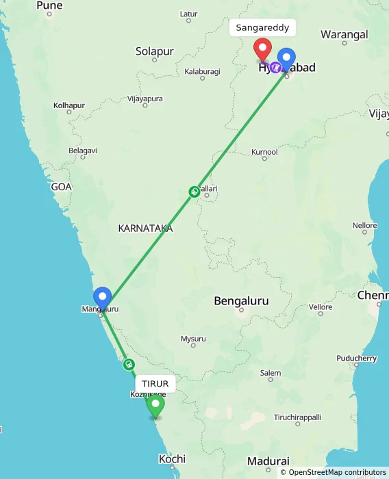 Route map showing distance and travel time from TIRUR, India to Sangareddy, India