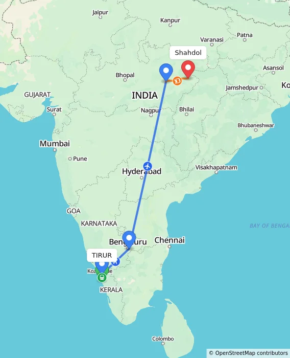 Route map showing distance and travel time from TIRUR, India to Shahdol, India