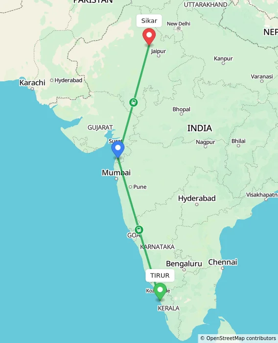 Route map showing distance and travel time from TIRUR, India to Sikar, India