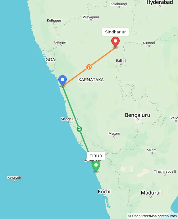 Route map showing distance and travel time from TIRUR, India to Sindhanur, India