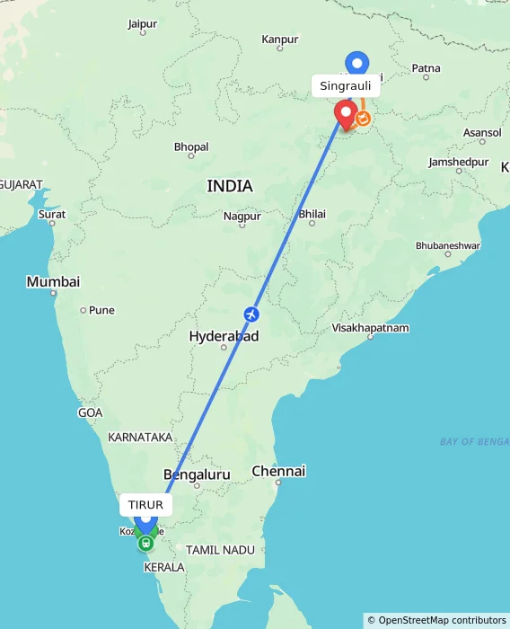 Route map showing distance and travel time from TIRUR, India to Singrauli, India