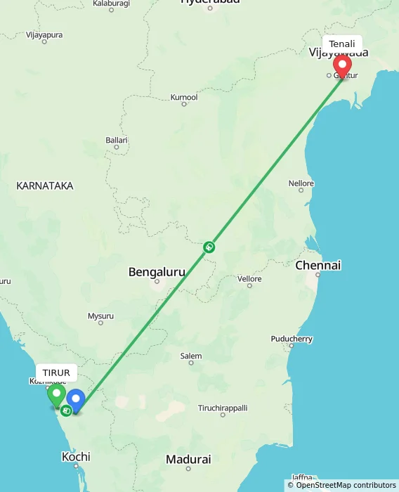 Route map showing distance and travel time from TIRUR, India to Tenali, India