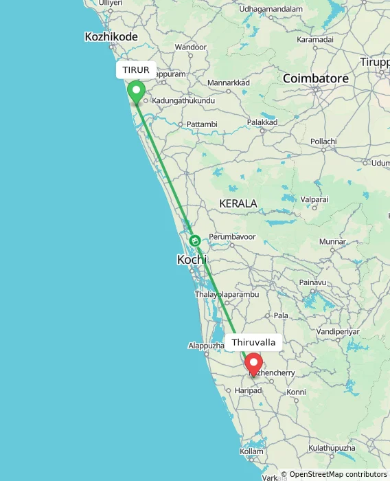 Route map showing distance and travel time from TIRUR, India to Thiruvalla, India