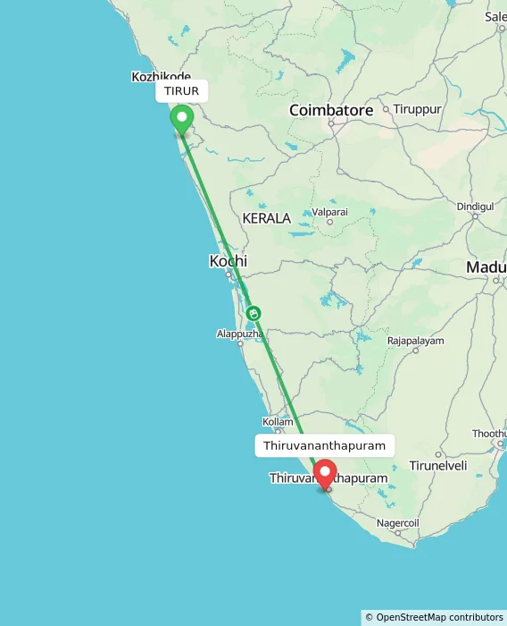 Route map showing distance and travel time from TIRUR, India to Thiruvananthapuram, India