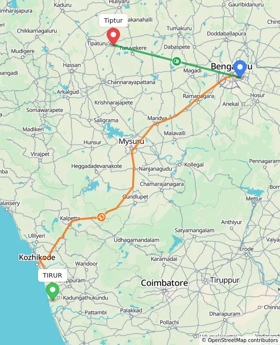 Route map showing distance and travel time from TIRUR, India to Tiptur, India