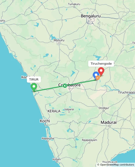 Route map showing distance and travel time from TIRUR, India to Tiruchengode, India