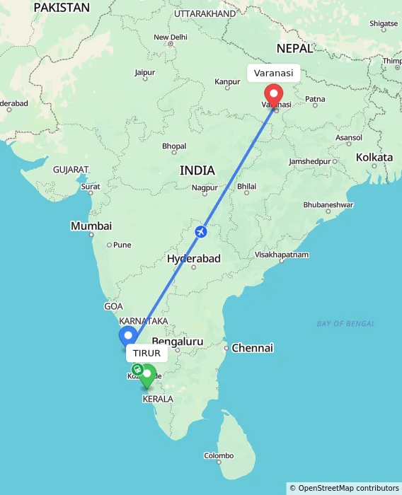 Route map showing distance and travel time from TIRUR, India to Varanasi, India