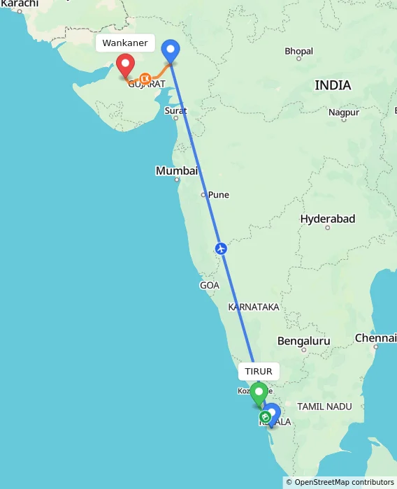 Route map showing distance and travel time from TIRUR, India to Wankaner, India