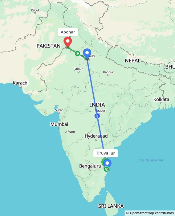 Route map showing distance and travel time from Tiruvallur, India to Abohar, India