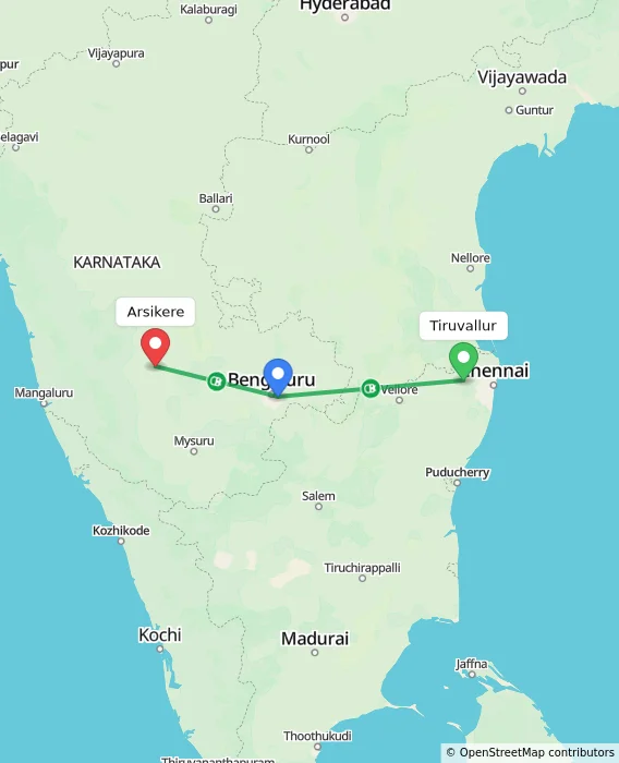 Route map showing distance and travel time from Tiruvallur, India to Arsikere, India