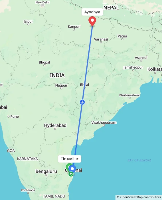 Route map showing distance and travel time from Tiruvallur, India to Ayodhya, India