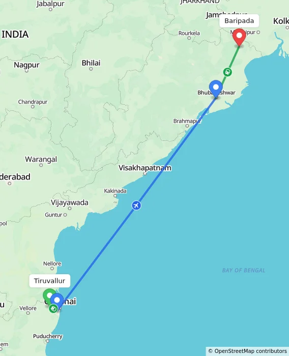 Route map showing distance and travel time from Tiruvallur, India to Baripada, India