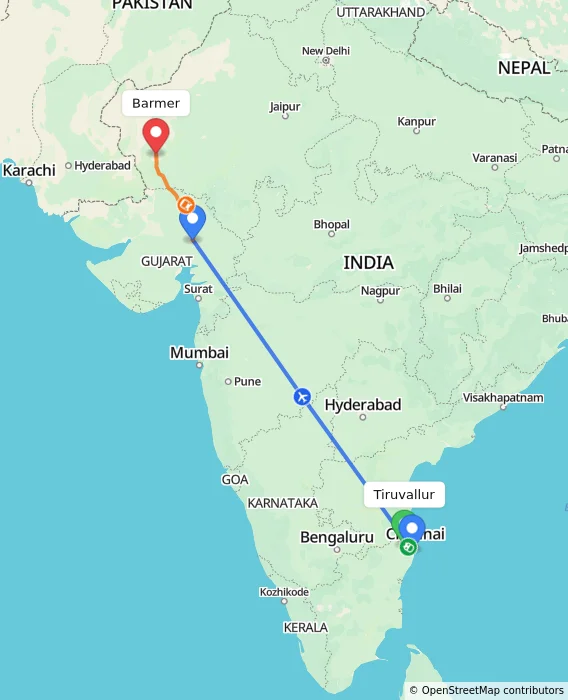 Route map showing distance and travel time from Tiruvallur, India to Barmer, India