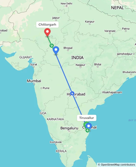 Route map showing distance and travel time from Tiruvallur, India to Chittorgarh, India