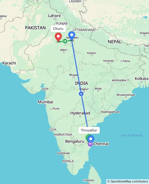Route map showing distance and travel time from Tiruvallur, India to Churu, India