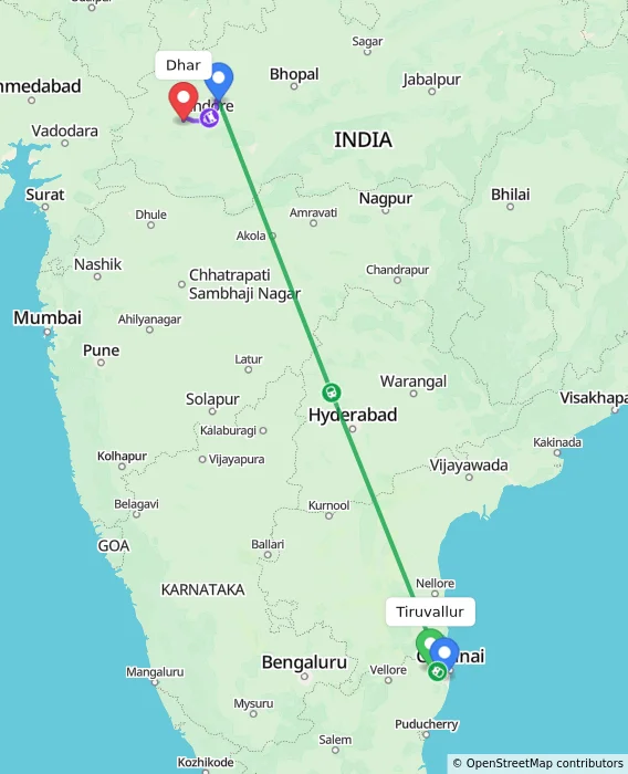 Route map showing distance and travel time from Tiruvallur, India to Dhar, India