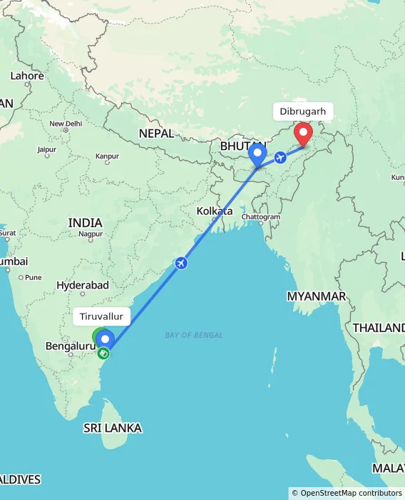 Route map showing distance and travel time from Tiruvallur, India to Dibrugarh, India