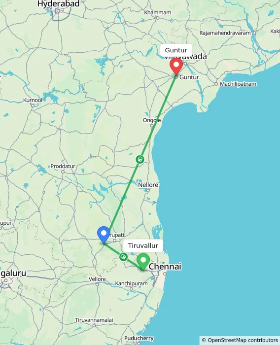 Route map showing distance and travel time from Tiruvallur, India to Guntur, India