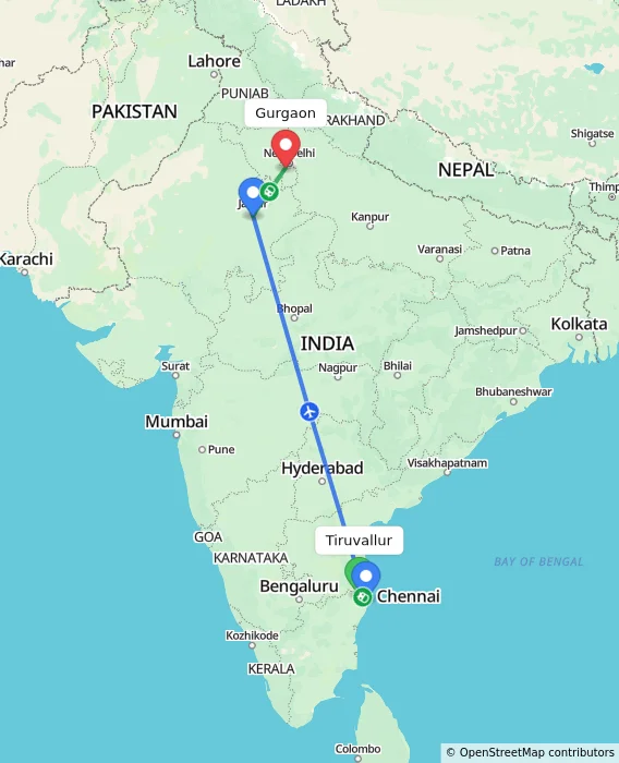 Route map showing distance and travel time from Tiruvallur, India to Gurgaon, India
