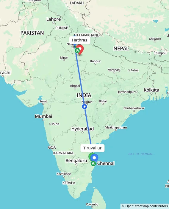 Route map showing distance and travel time from Tiruvallur, India to Hathras, India