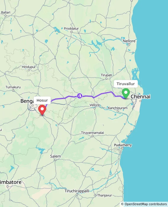 Route map showing distance and travel time from Tiruvallur, India to Hosur, India